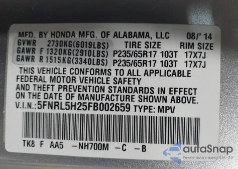 2015 Honda Odyssey Lx from USA, damaged, VIN 5FNRL5H25FB002659